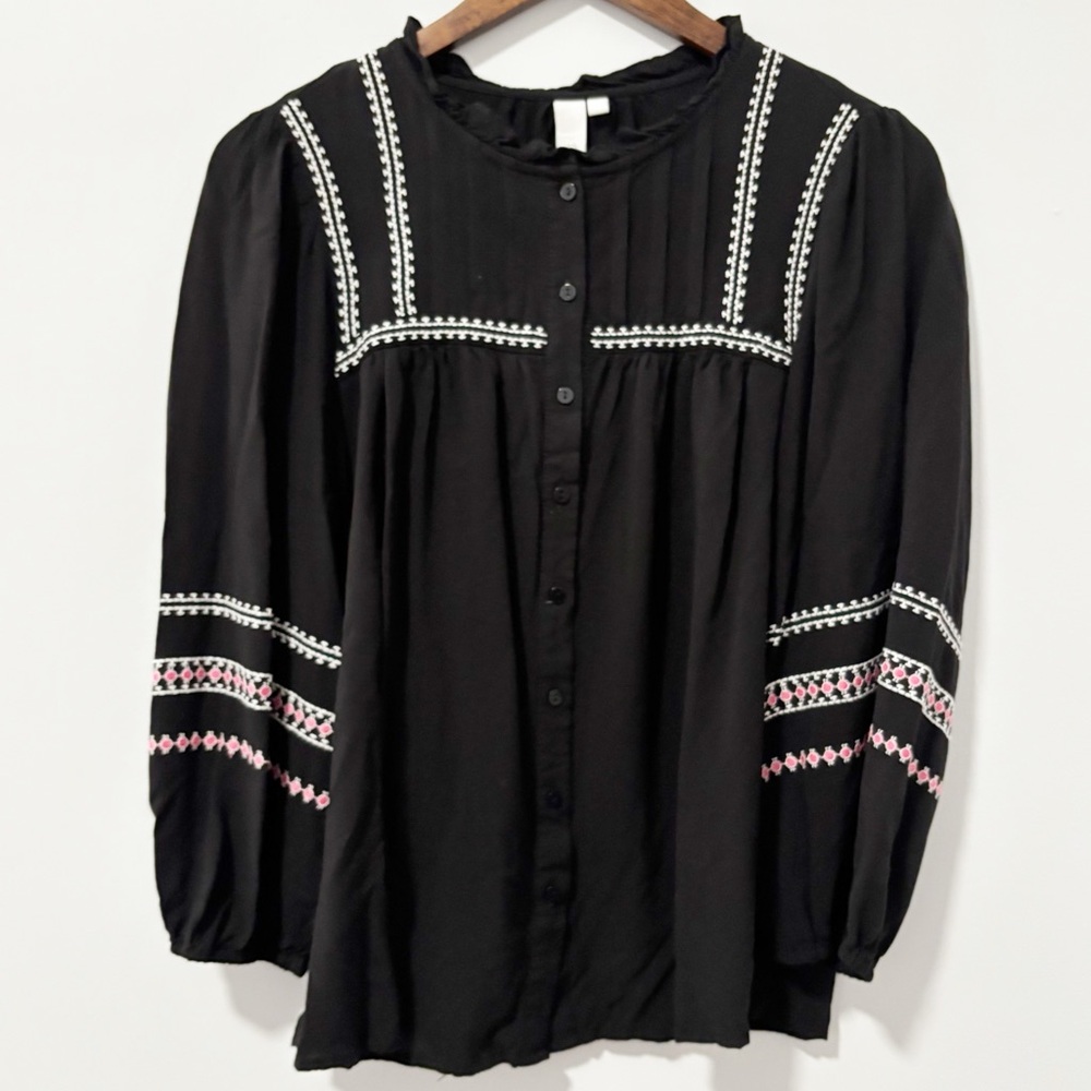 Grand & Greene Black Blouse Womens‎ Size Small White and Pink Embroidery Boho